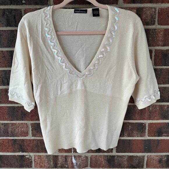 L Y2K VTG Moda International Silk Cashmere Sweater Ruched Beaded Sequin Coquette - Picture 1 of 6